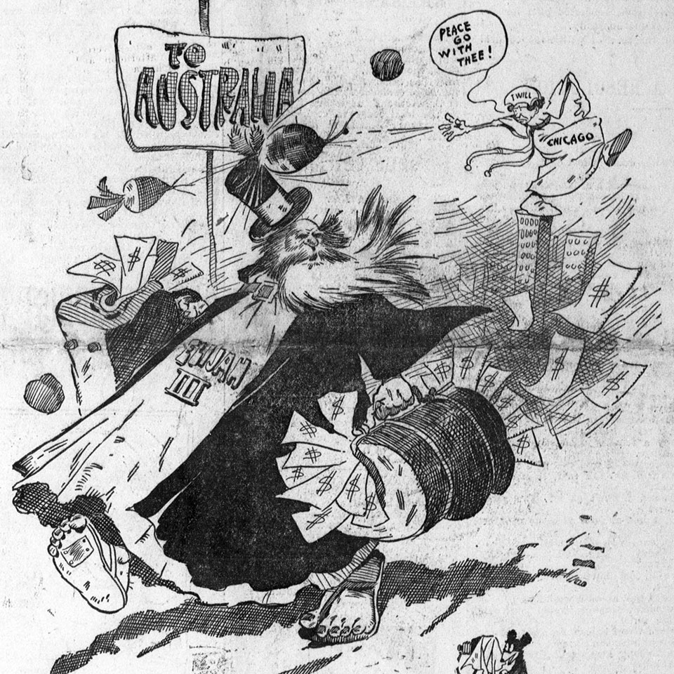 political cartoon showing John Alexander Dowie being run out of Chicago