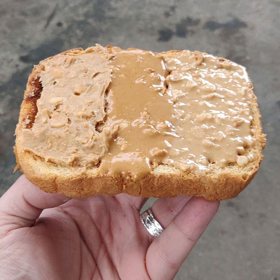 a sandwich made with three types of peanut butter