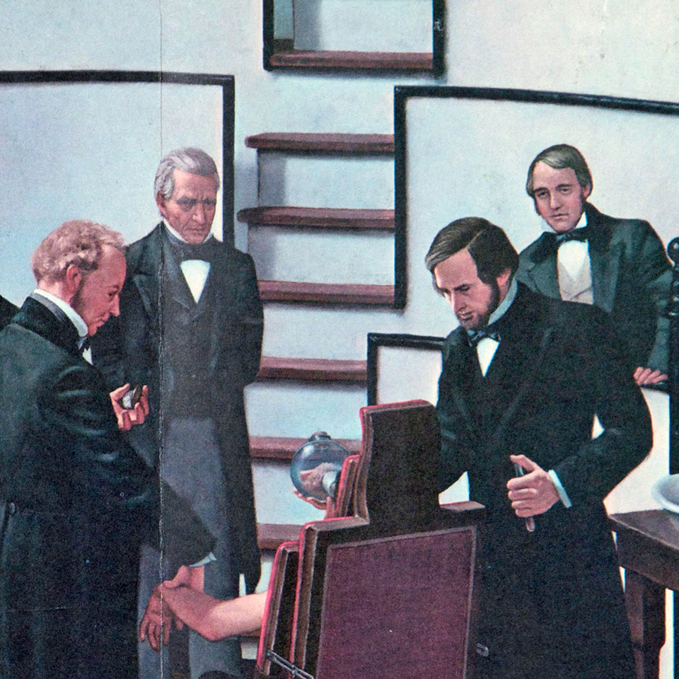 detail of the painting "Conquerors of Pain" showing William T.G. Morton etherizing a patient at Massachusetts General Hospital on October 16, 1846