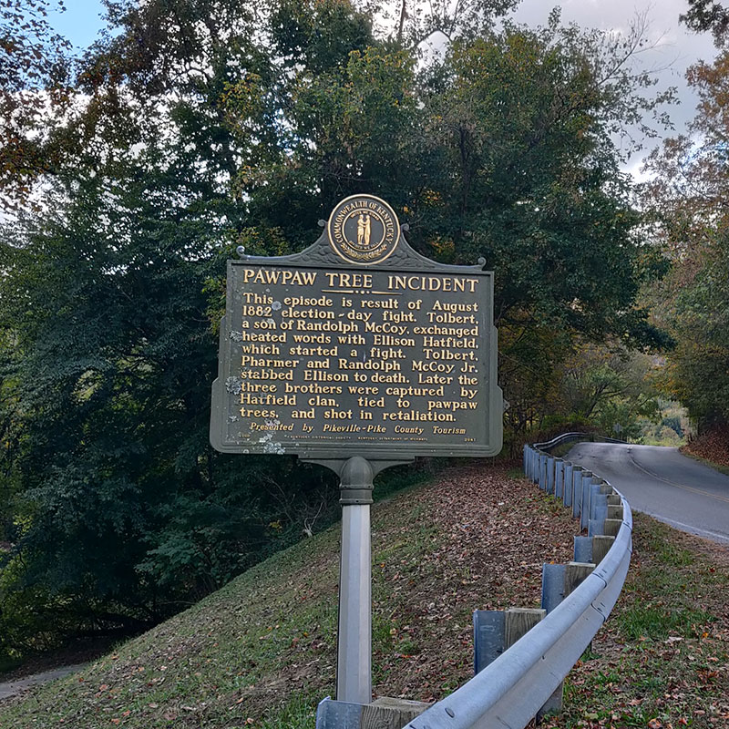 historical marker marking the location of the Pawpaw Tree Incident in the Hatfield-McCoy feud