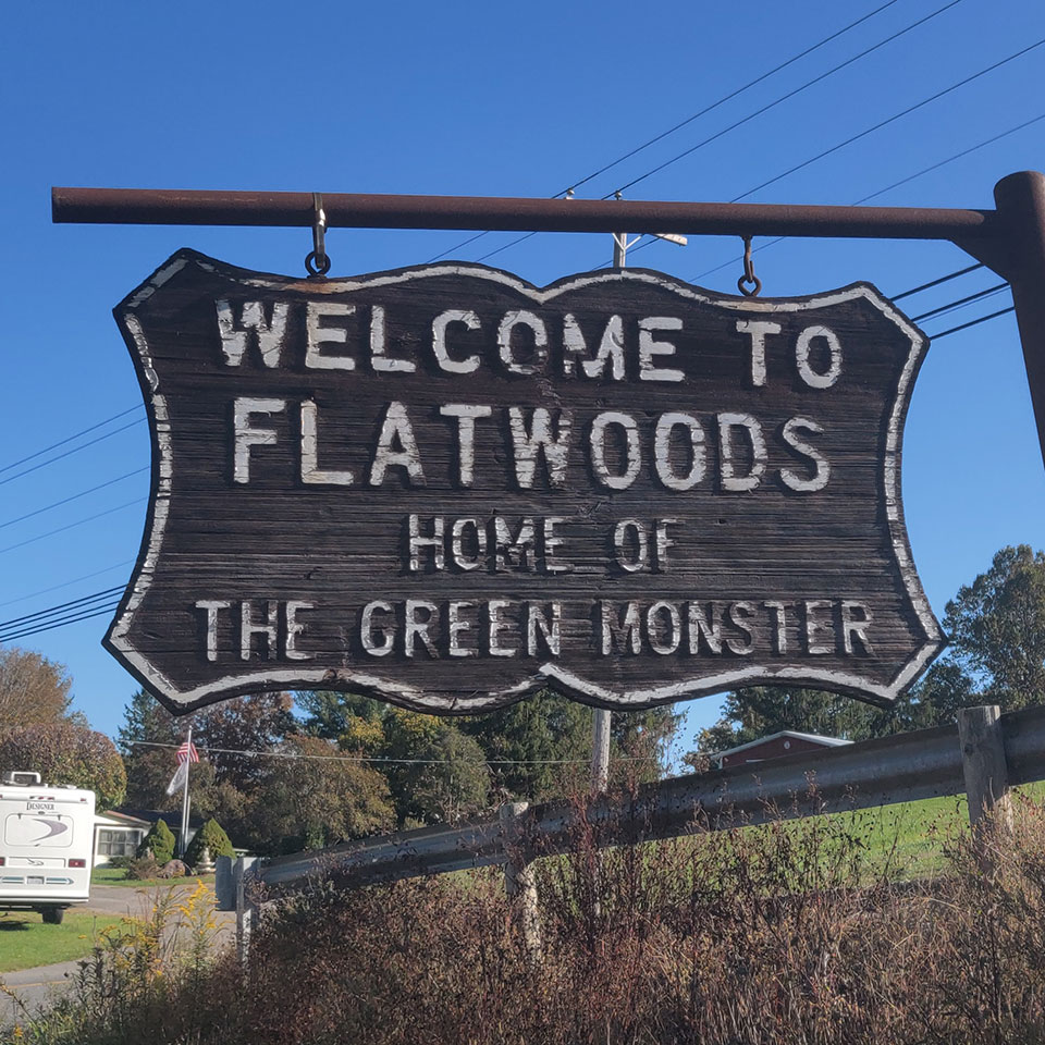 Welcome to Flatwoods sign at the border of Flatwoods, WV
