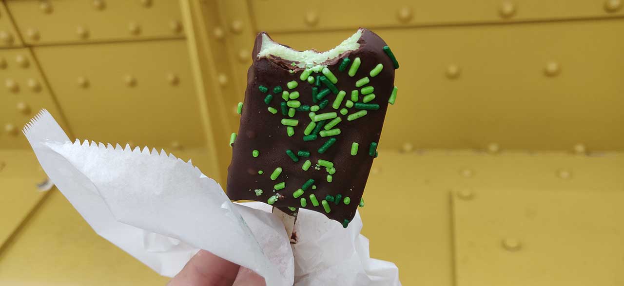 2022's pickle fudgesickle (a frozen slice of pickle-flavored fudge, dipped in chocolate and served on a popsickle stick)