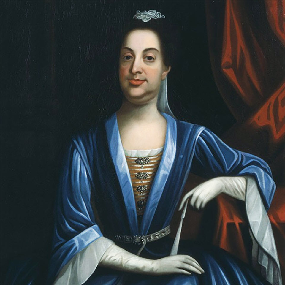 a picture of an androgynous person in a blue dress, rumored to be a portrait of Edward Hyde, Lord Cornbury in drag