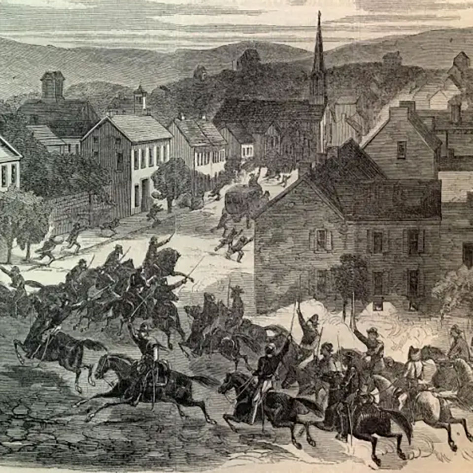 a woodcut depicting the Confederate raid on St. Albans, VT