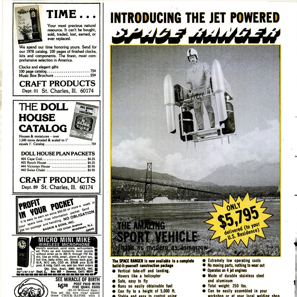 An ad in Popular Mechanics touting Richard Timwell's "Space Ranger" flying platform