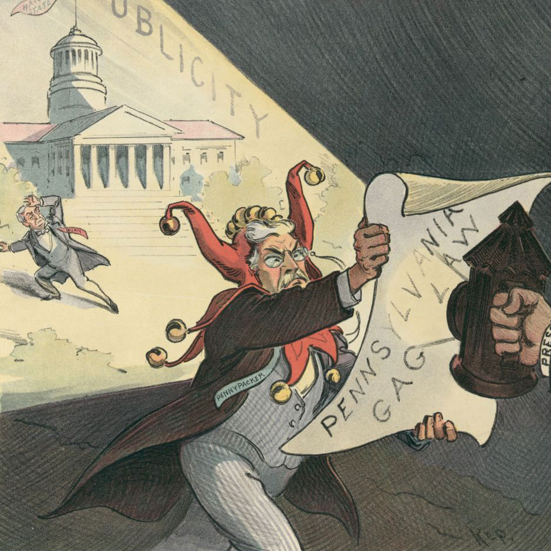 a PUCK cartoon depicting governor Samuel W. Pennypacker trying to muzzle the press