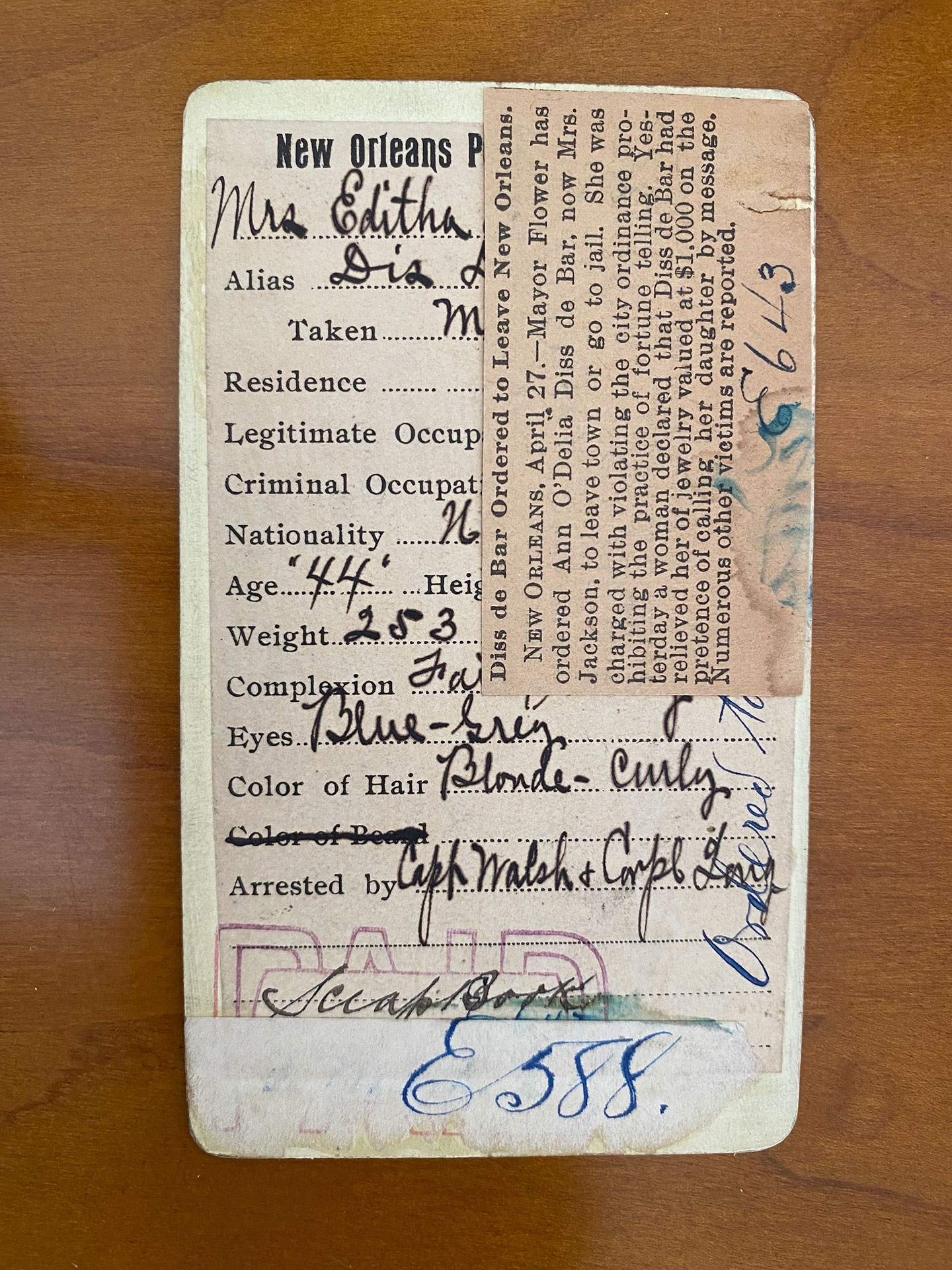 mug shot of Ann O'Delia Diss Debar, circa 1899, back with physical data