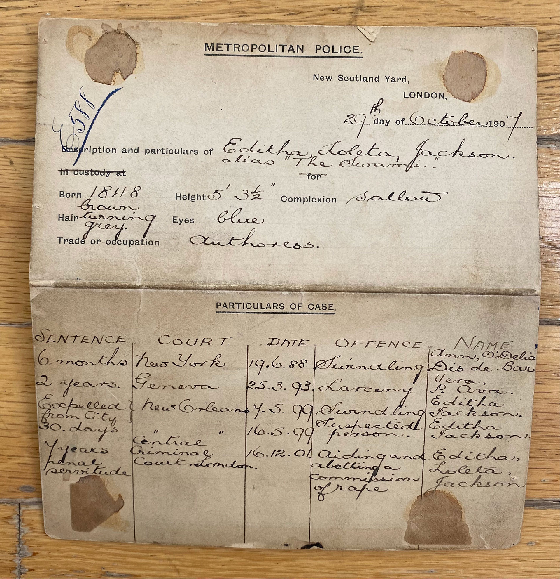 mug shot of Ann O'Delia Diss Debar, circa 1907, back with physical data and criminal history